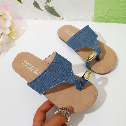 Girls' Korean Style Slip-On Ankle Strap Open Toe Summer Casual Sandals, Minimalist Design, Suitable For Beach Wear, Lazy And Casual Style