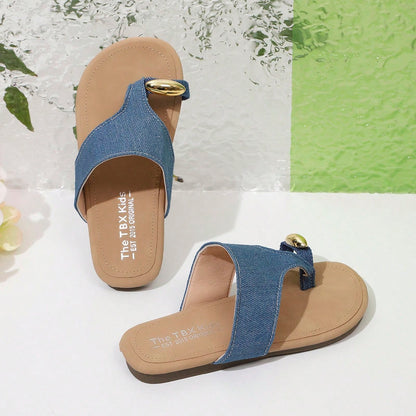 Girls' Korean Style Slip-On Ankle Strap Open Toe Summer Casual Sandals, Minimalist Design, Suitable For Beach Wear, Lazy And Casual Style