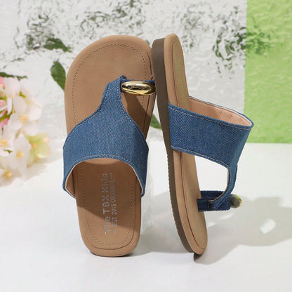 Girls' Korean Style Slip-On Ankle Strap Open Toe Summer Casual Sandals, Minimalist Design, Suitable For Beach Wear, Lazy And Casual Style