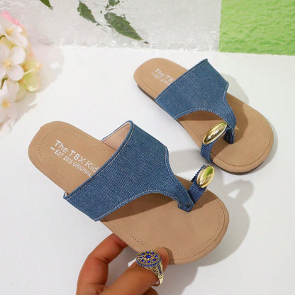 Girls' Korean Style Slip-On Ankle Strap Open Toe Summer Casual Sandals, Minimalist Design, Suitable For Beach Wear, Lazy And Casual Style