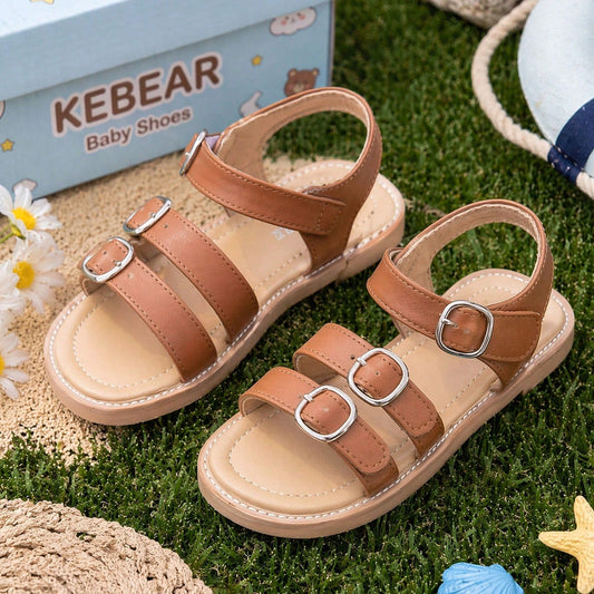 Girls Multi Buckle Strappy Roman Sandals, Open Toe Flat Non Slip Summer Casual Shoes, Adjustable Ankle Strap Kids Beach Sandals For Toddler Little