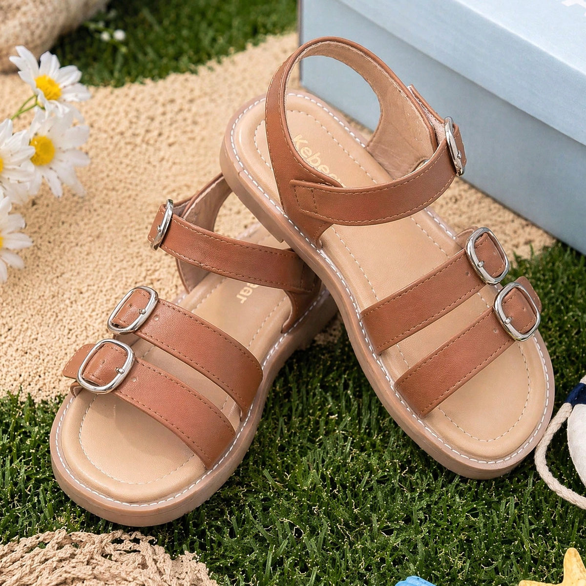 Girls Multi Buckle Strappy Roman Sandals, Open Toe Flat Non Slip Summer Casual Shoes, Adjustable Ankle Strap Kids Beach Sandals For Toddler Little