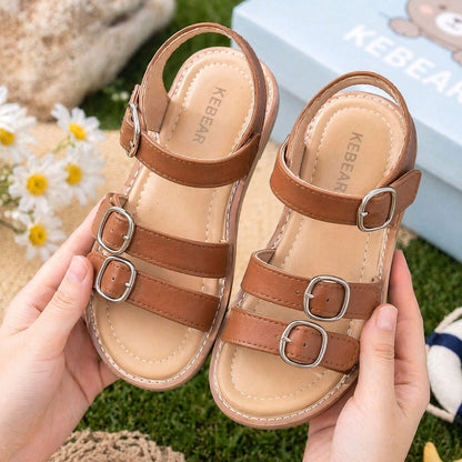 Girls Multi Buckle Strappy Roman Sandals, Open Toe Flat Non Slip Summer Casual Shoes, Adjustable Ankle Strap Kids Beach Sandals For Toddler Little