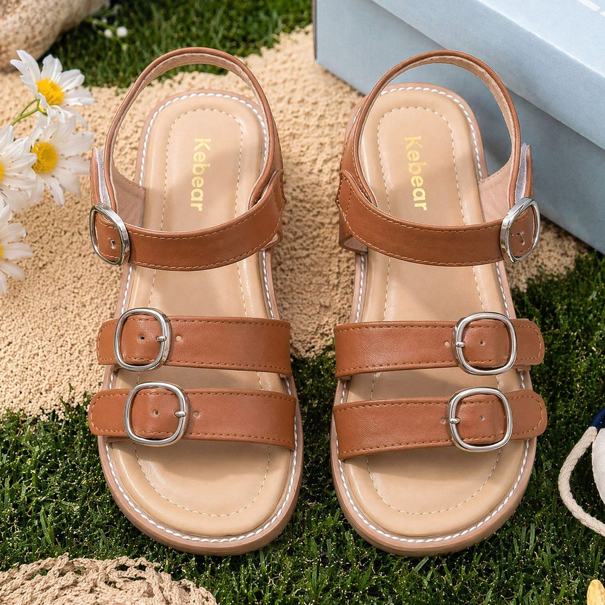 Girls Multi Buckle Strappy Roman Sandals, Open Toe Flat Non Slip Summer Casual Shoes, Adjustable Ankle Strap Kids Beach Sandals For Toddler Little