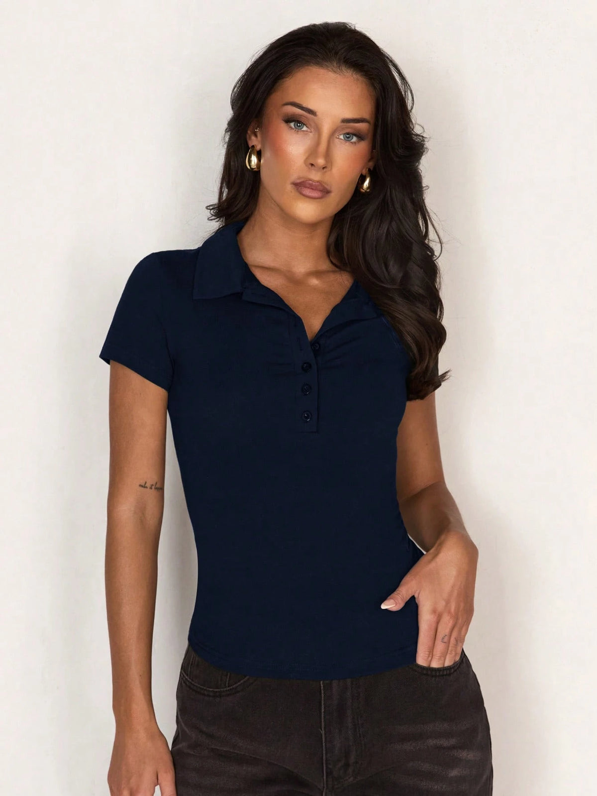 Glamine Polo Collar Button Short Sleeve Fitted Sporty Slim Waist Minimalist Women T-Shirt Navy Blue Top