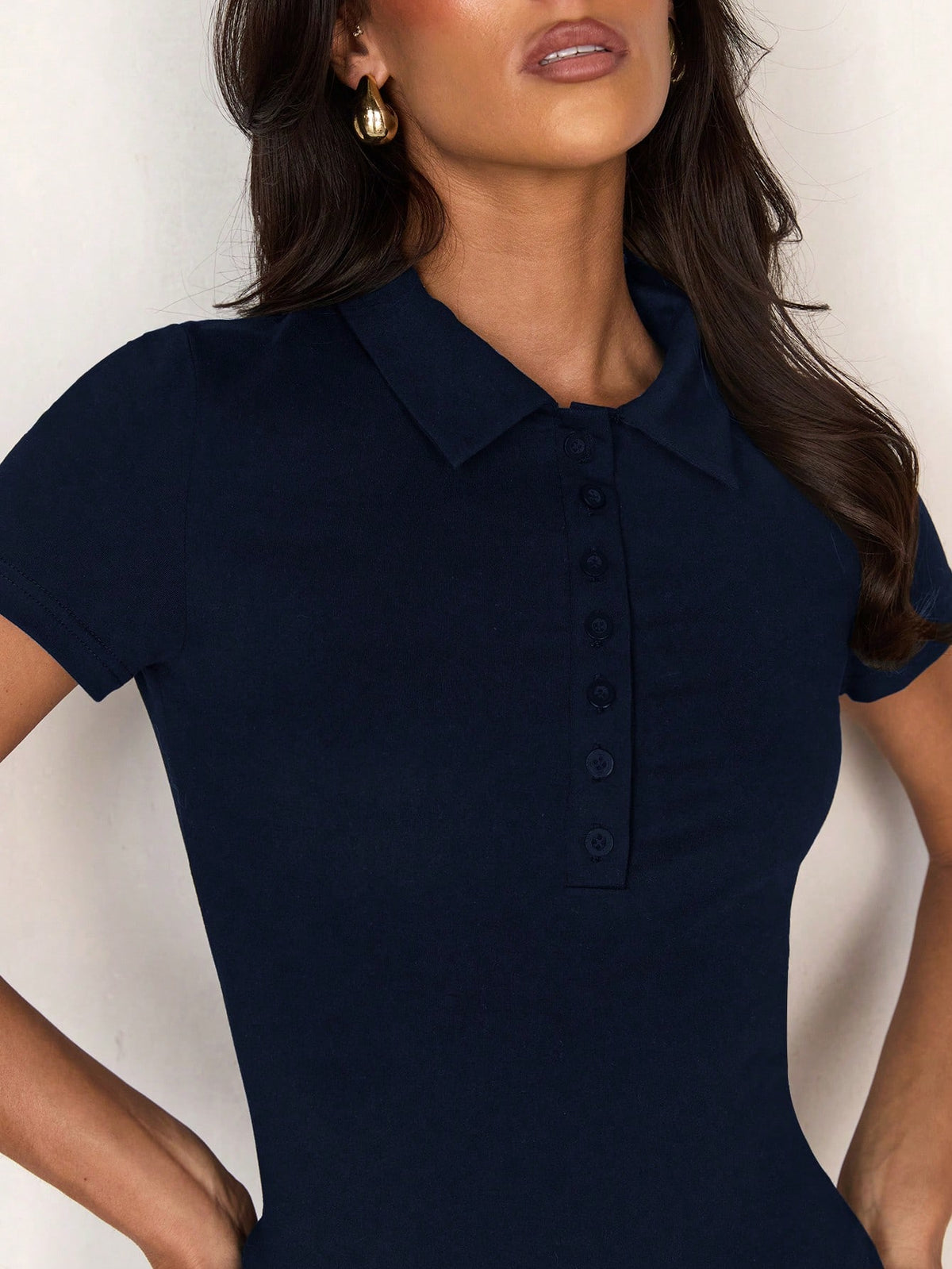 Glamine Polo Collar Button Short Sleeve Fitted Sporty Slim Waist Minimalist Women T-Shirt Navy Blue Top