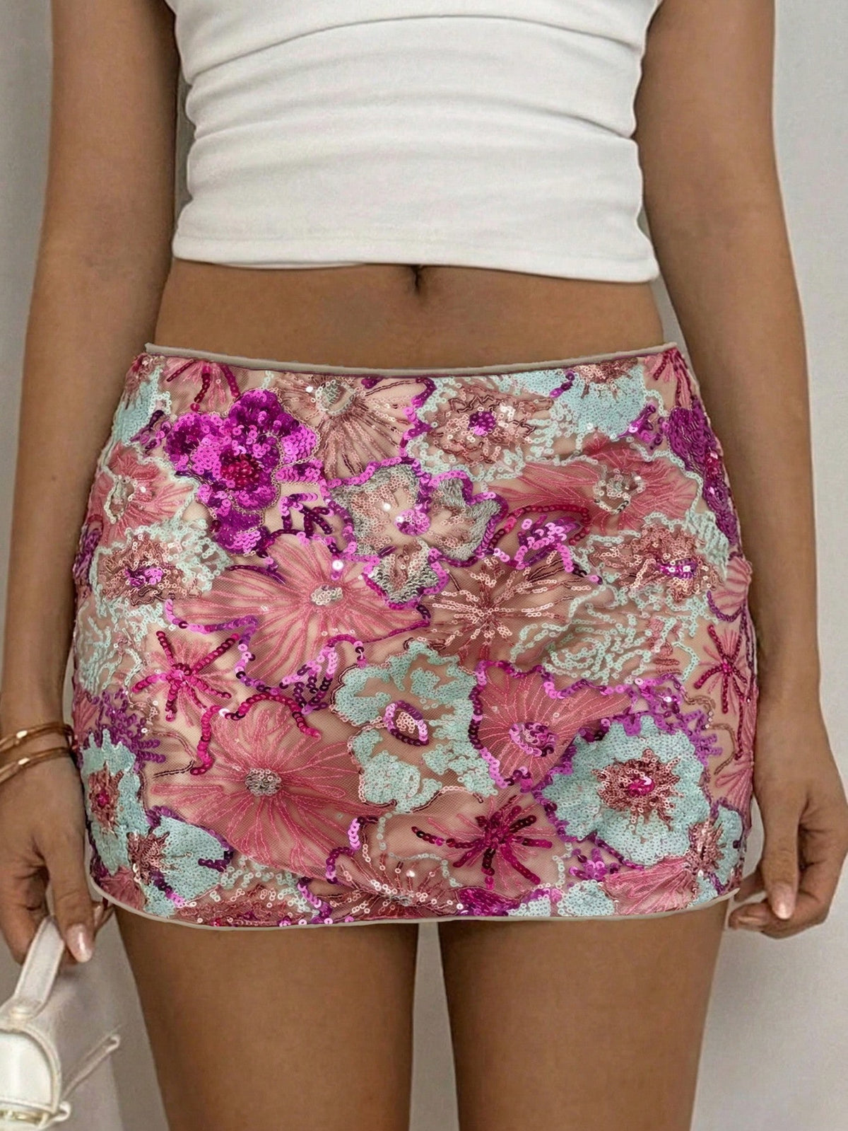 Glamine Women's Sexy Fashionable Resort Style Sequin Floral Mini Skirt, Summer