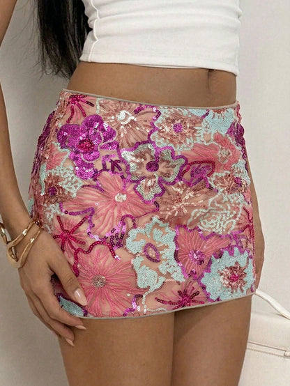 Glamine Women's Sexy Fashionable Resort Style Sequin Floral Mini Skirt, Summer