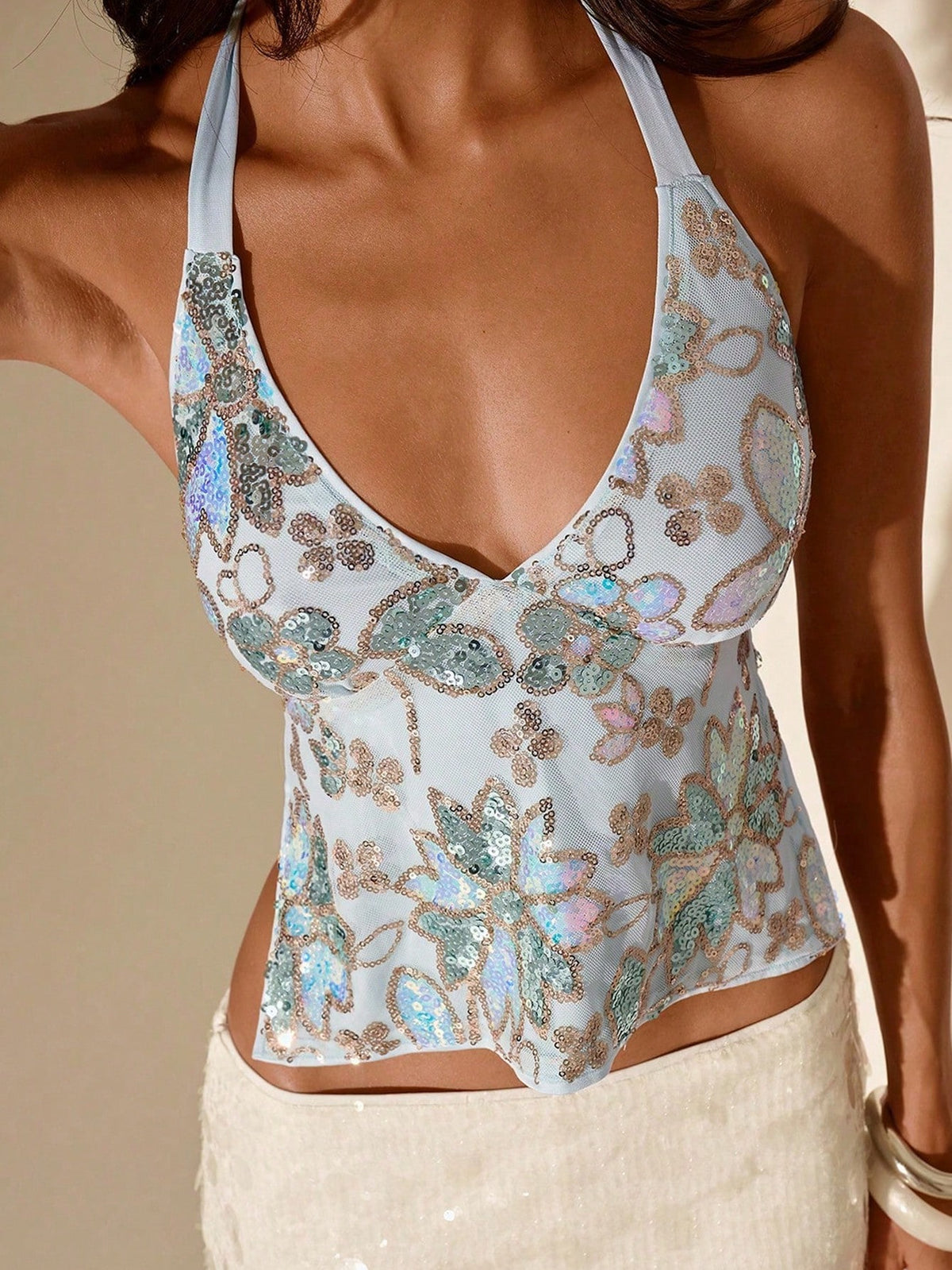 Glamine Women's Vacation Exquisite Sequin Detail Sexy Halter Tie Tank Top