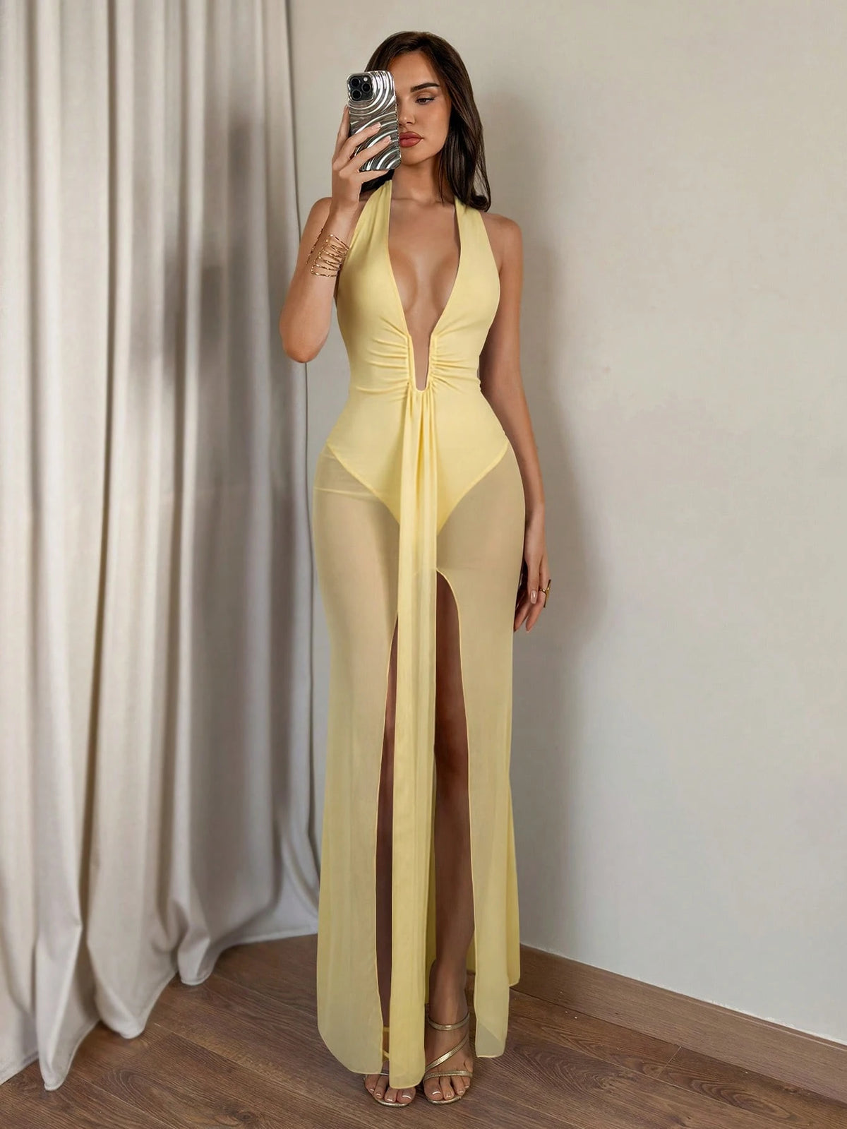 Glamour Light Blue Color V-Neck Fishbone Mesh Maxi Dress,High-End Elegant Tropical Dress,Music Festival Beach Vacation Carnival Outfit,Women's Birthday Outfit