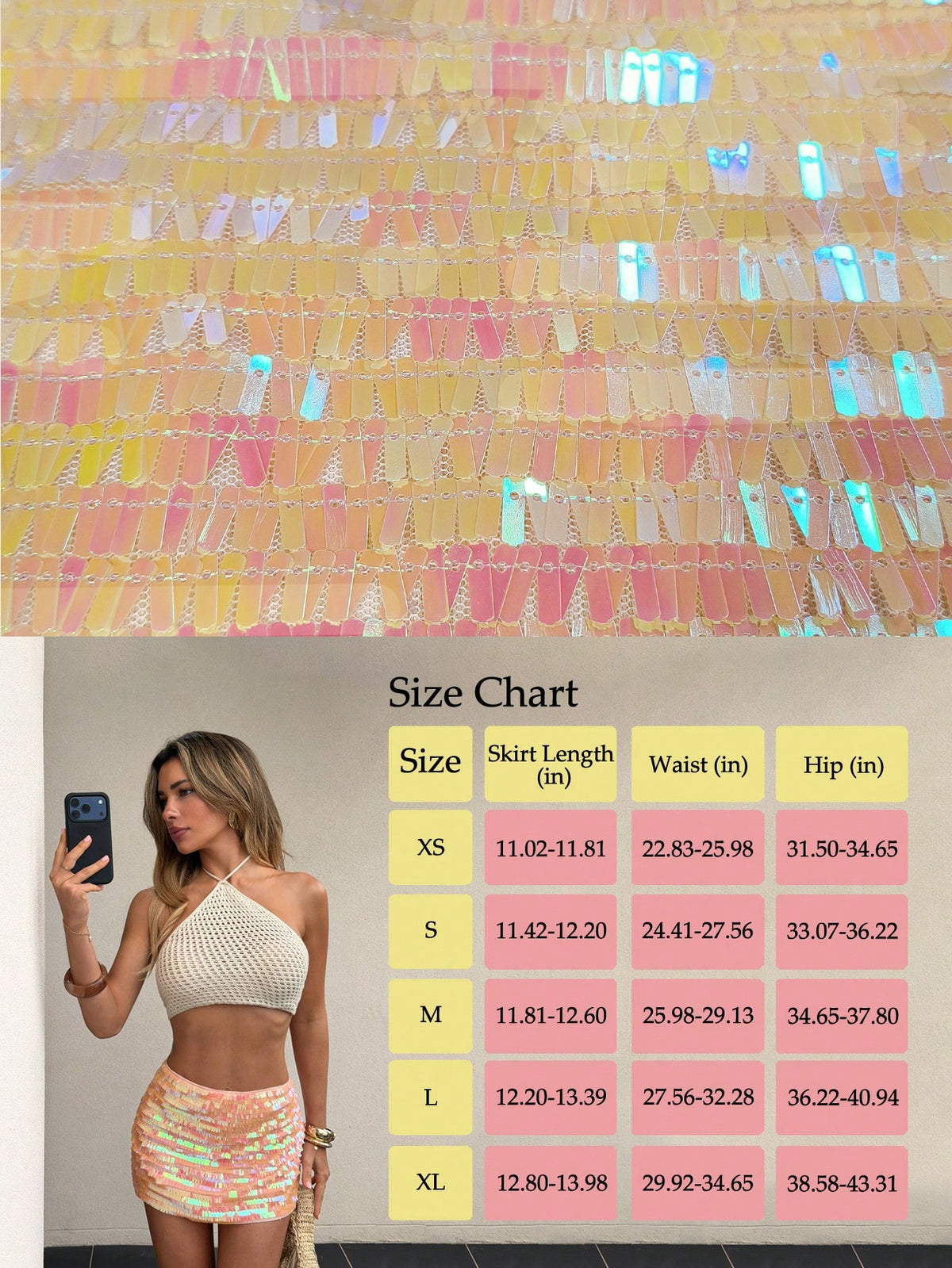 Glamour Shrimp Pink Iridescent Sequin Mini Skirt, Slim Fit Lined Y2K Sequins, Labor Day Back To School Sorority Rush Festival Nightclub Birthday