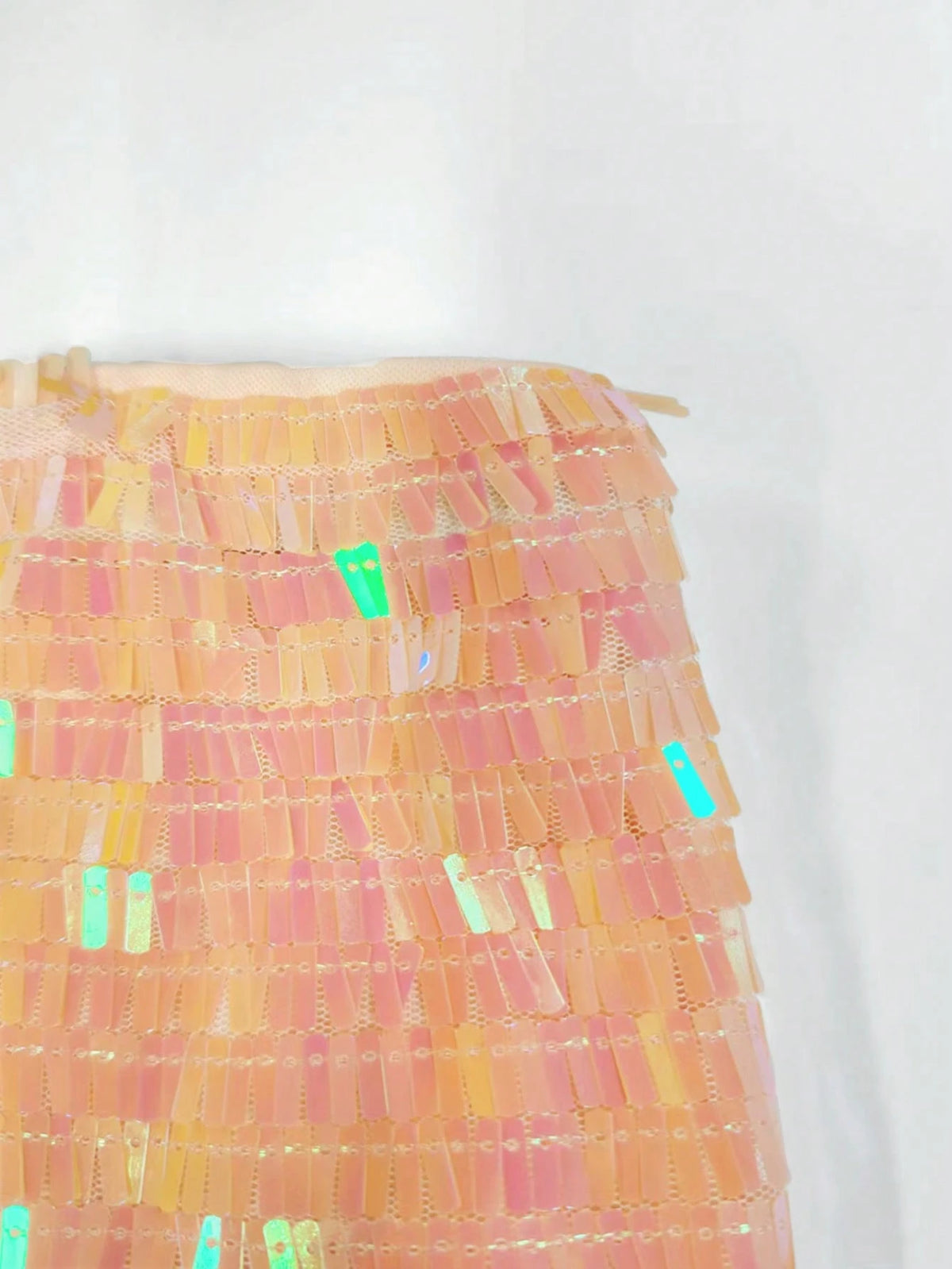 Glamour Shrimp Pink Iridescent Sequin Mini Skirt, Slim Fit Lined Y2K Sequins, Labor Day Back To School Sorority Rush Festival Nightclub Birthday