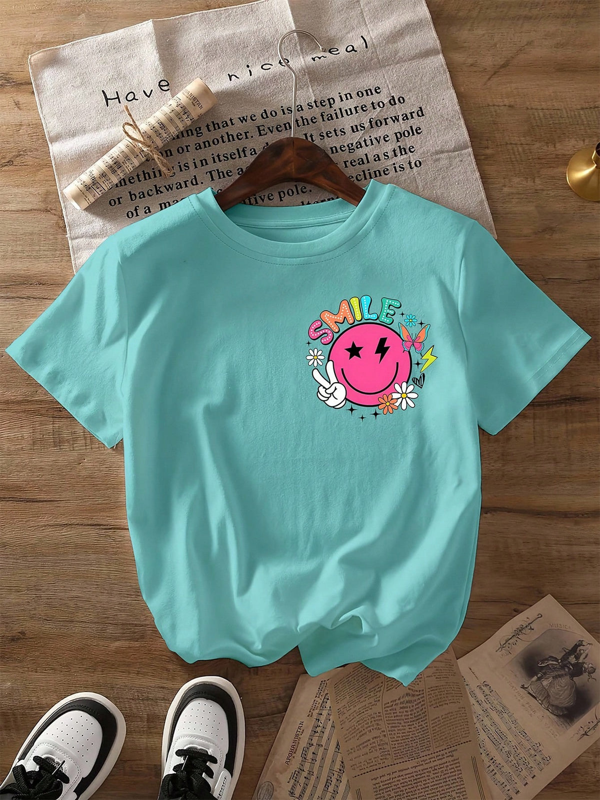 Glissea Women's Summer Slogan & Smiling Face Print Short Sleeve Casual Crew Neck T-Shirt