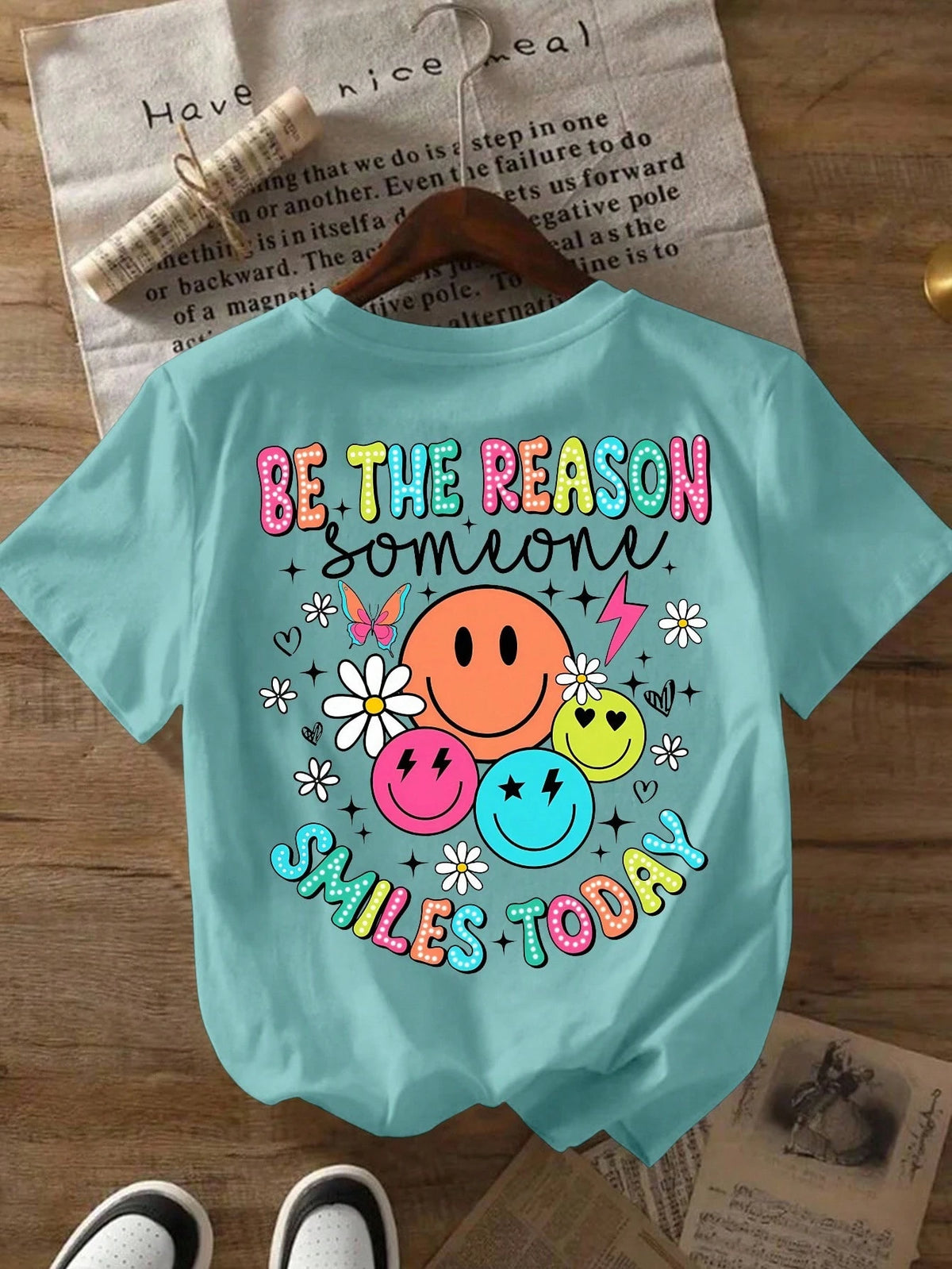 Glissea Women's Summer Slogan & Smiling Face Print Short Sleeve Casual Crew Neck T-Shirt