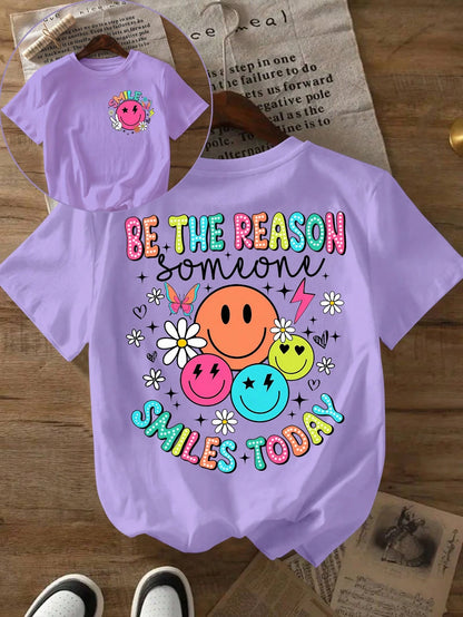 Glissea Women's Summer Slogan & Smiling Face Print Short Sleeve Casual Crew Neck T-Shirt