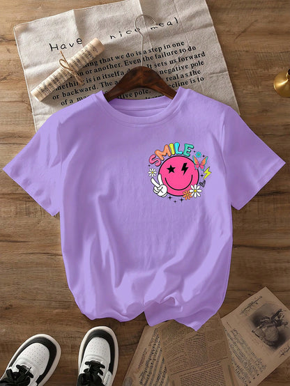Glissea Women's Summer Slogan & Smiling Face Print Short Sleeve Casual Crew Neck T-Shirt