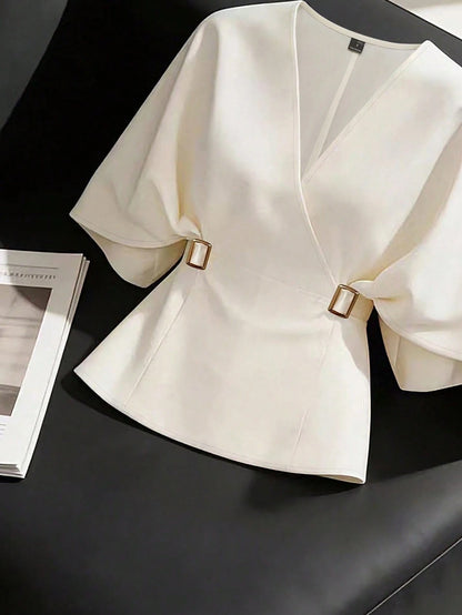 GlowEve French Chic Distinctive Blouse, Lightweight Luxury High-End Commuter Versatile Cinched Waist Batwing Sleeve Shirt, Summer