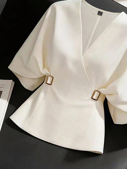 GlowEve French Chic Distinctive Blouse, Lightweight Luxury High-End Commuter Versatile Cinched Waist Batwing Sleeve Shirt, Summer