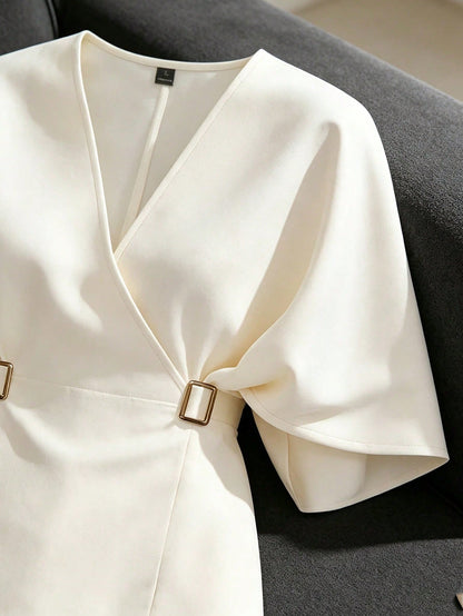 GlowEve French Chic Distinctive Blouse, Lightweight Luxury High-End Commuter Versatile Cinched Waist Batwing Sleeve Shirt, Summer