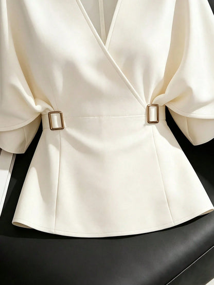 GlowEve French Chic Distinctive Blouse, Lightweight Luxury High-End Commuter Versatile Cinched Waist Batwing Sleeve Shirt, Summer