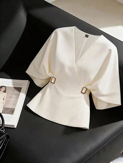 GlowEve French Chic Distinctive Blouse, Lightweight Luxury High-End Commuter Versatile Cinched Waist Batwing Sleeve Shirt, Summer