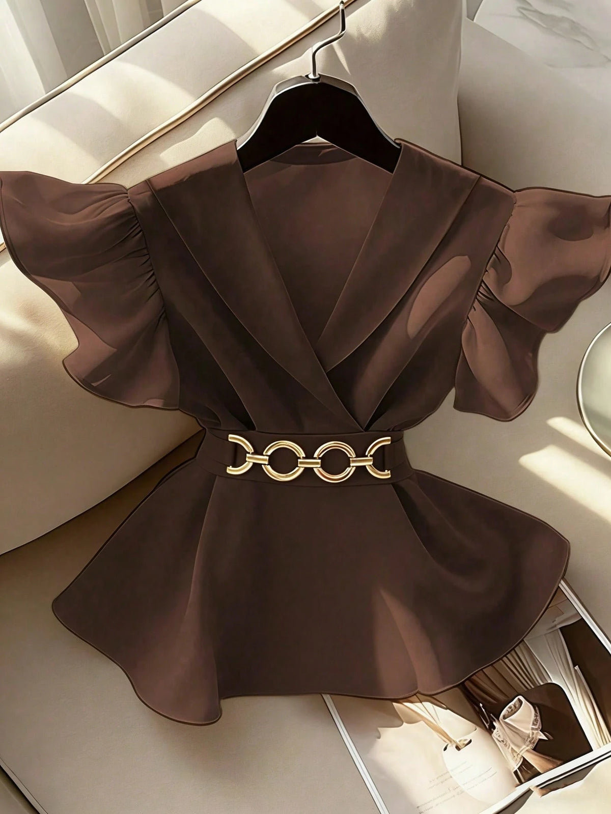 GlowEve New V-Neck Sleeveless Ruffled Chiffon Splice Metal Decor Button Elegant Young Fitted Women Blouse