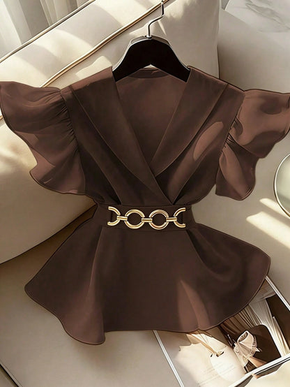 GlowEve New V-Neck Sleeveless Ruffled Chiffon Splice Metal Decor Button Elegant Young Fitted Women Blouse