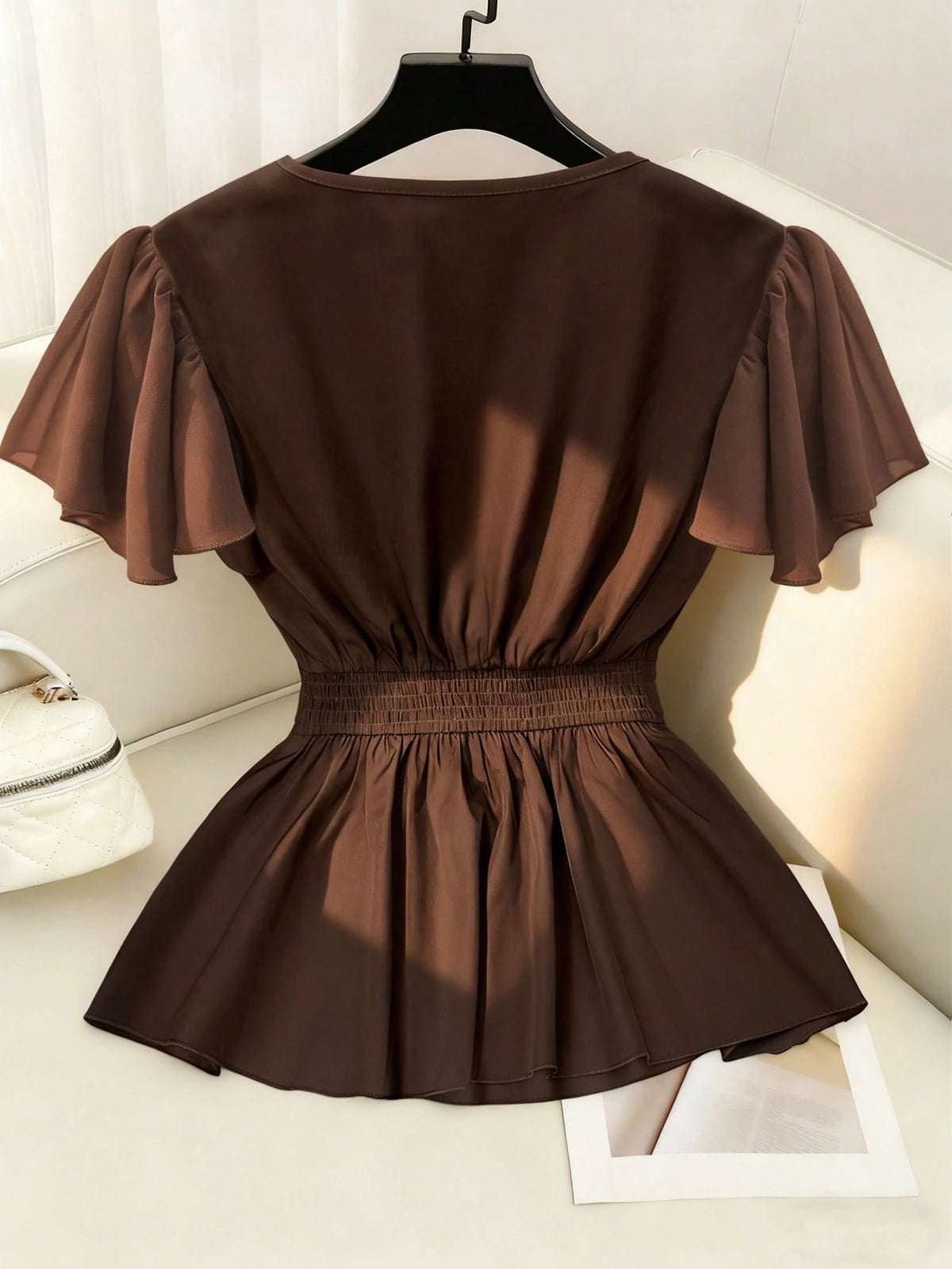 GlowEve New V-Neck Sleeveless Ruffled Chiffon Splice Metal Decor Button Elegant Young Fitted Women Blouse