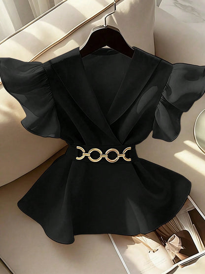 GlowEve New V-Neck Sleeveless Ruffled Chiffon Splice Metal Decor Button Elegant Young Fitted Women Blouse