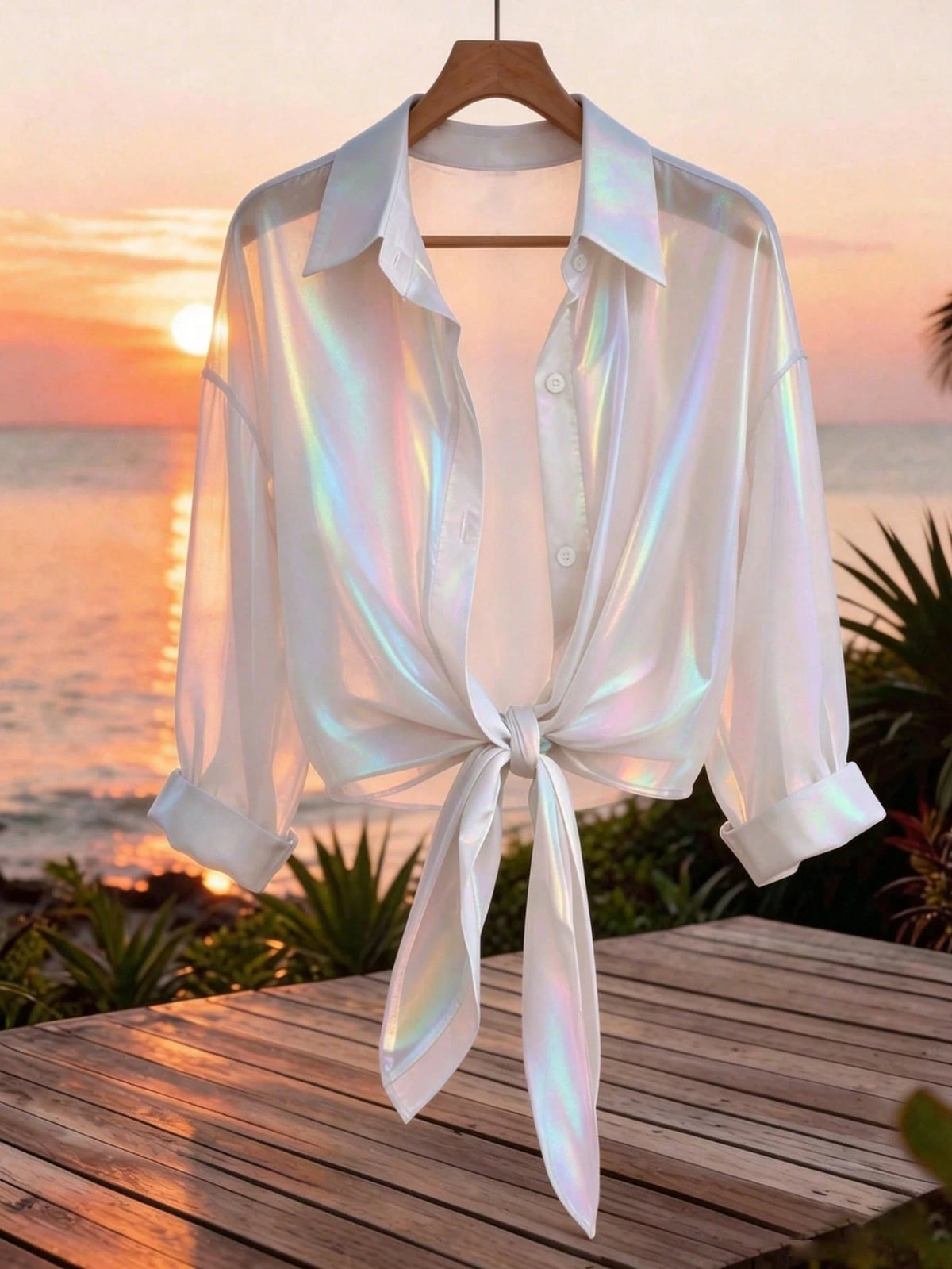 GlowEve Premium Iridescent Sheer Chiffon Tie-Up Vacation Casual Sparkly Tropical Women's Shirt Night Out Vacation White Summer