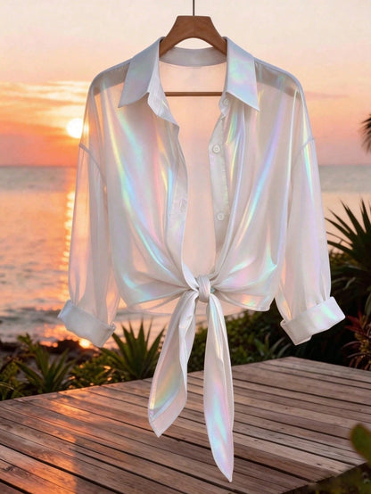 GlowEve Premium Iridescent Sheer Chiffon Tie-Up Vacation Casual Sparkly Tropical Women's Shirt Night Out Vacation White Summer