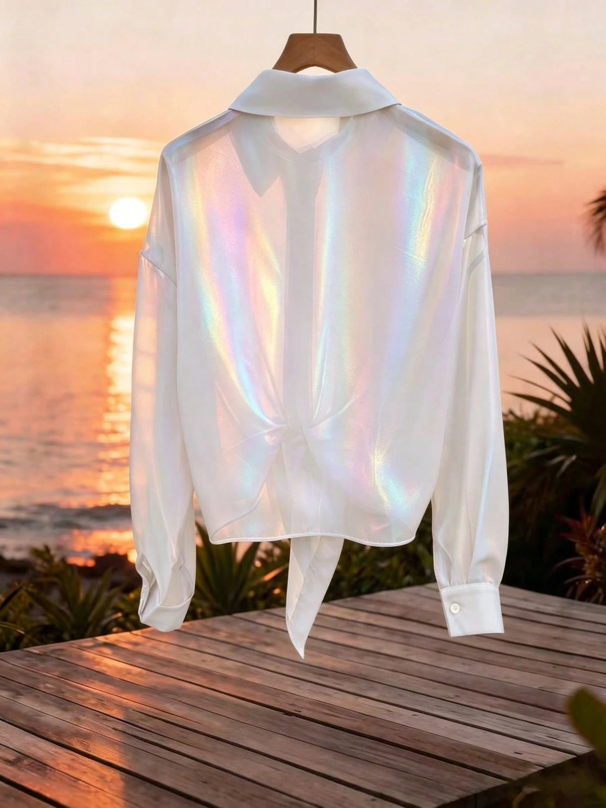 GlowEve Premium Iridescent Sheer Chiffon Tie-Up Vacation Casual Sparkly Tropical Women's Shirt Night Out Vacation White Summer