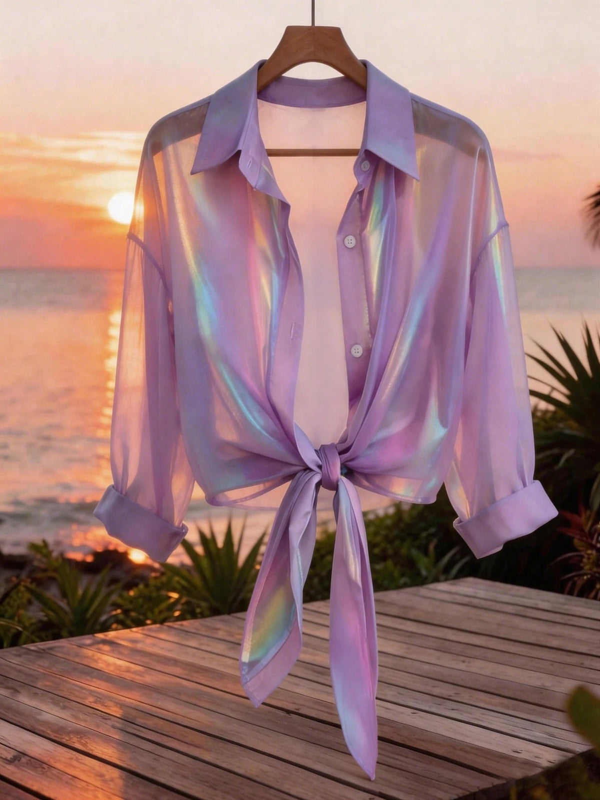 GlowEve Premium Iridescent Sheer Chiffon Tie-Up Vacation Casual Sparkly Tropical Women's Shirt Night Out Vacation White Summer