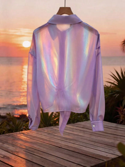GlowEve Premium Iridescent Sheer Chiffon Tie-Up Vacation Casual Sparkly Tropical Women's Shirt Night Out Vacation White Summer