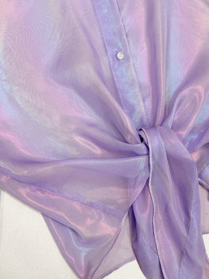 GlowEve Premium Iridescent Sheer Chiffon Tie-Up Vacation Casual Sparkly Tropical Women's Shirt Night Out Vacation White Summer