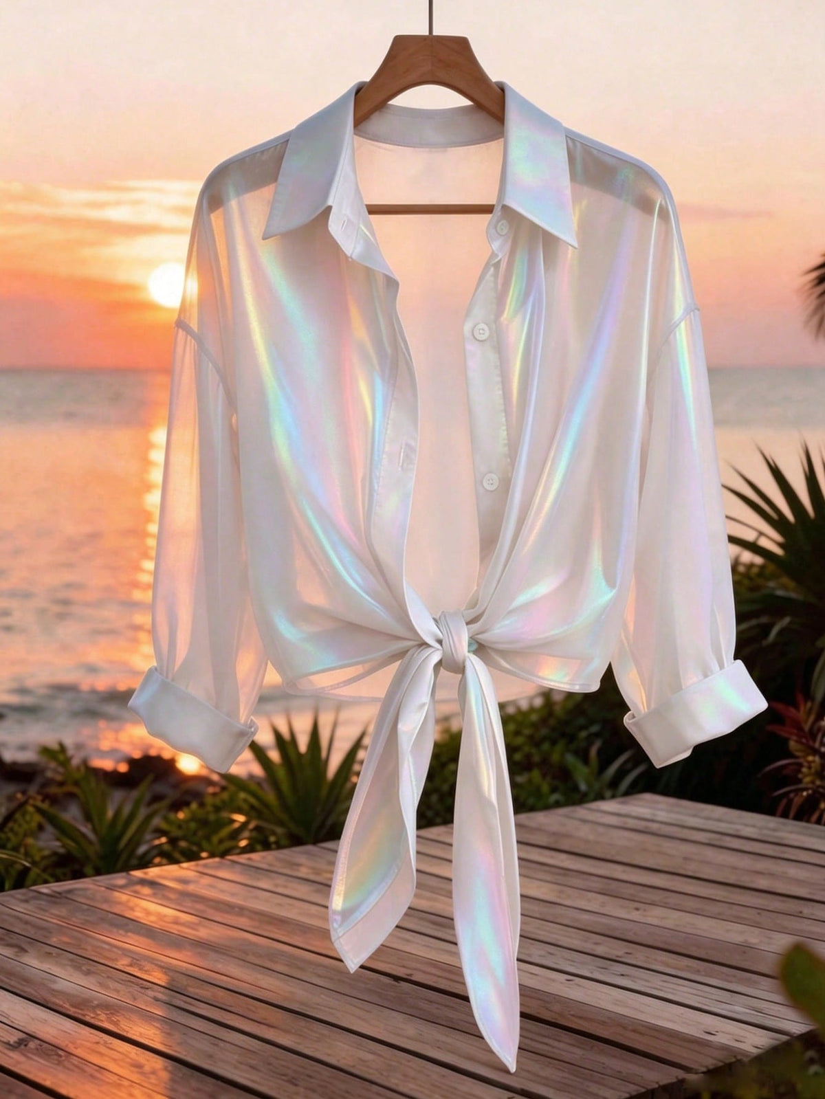 GlowEve Premium Iridescent Sheer Chiffon Tie-Up Vacation Casual Sparkly Tropical Women's Shirt Night Out Vacation White Summer