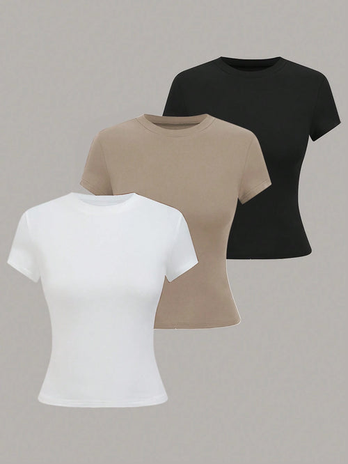 GlowEve 's Women's Summer Casual Crew Neck Short Sleeve T-Shirt Tops,Solid Color Black And White Basics Everyday For Work Office, Party