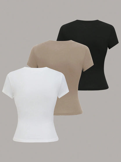 GlowEve 's Women's Summer Casual Crew Neck Short Sleeve T-Shirt Tops,Solid Color Black And White Basics Everyday For Work Office, Party