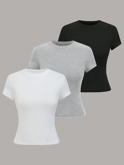 GlowEve 's Women's Summer Casual Crew Neck Short Sleeve T-Shirt Tops,Solid Color Black And White Basics Everyday For Work Office, Party