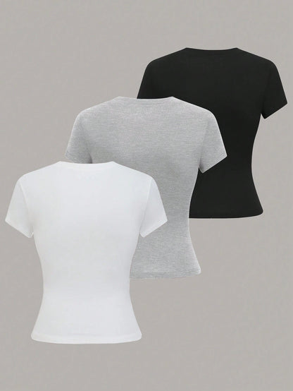 GlowEve 's Women's Summer Casual Crew Neck Short Sleeve T-Shirt Tops,Solid Color Black And White Basics Everyday For Work Office, Party
