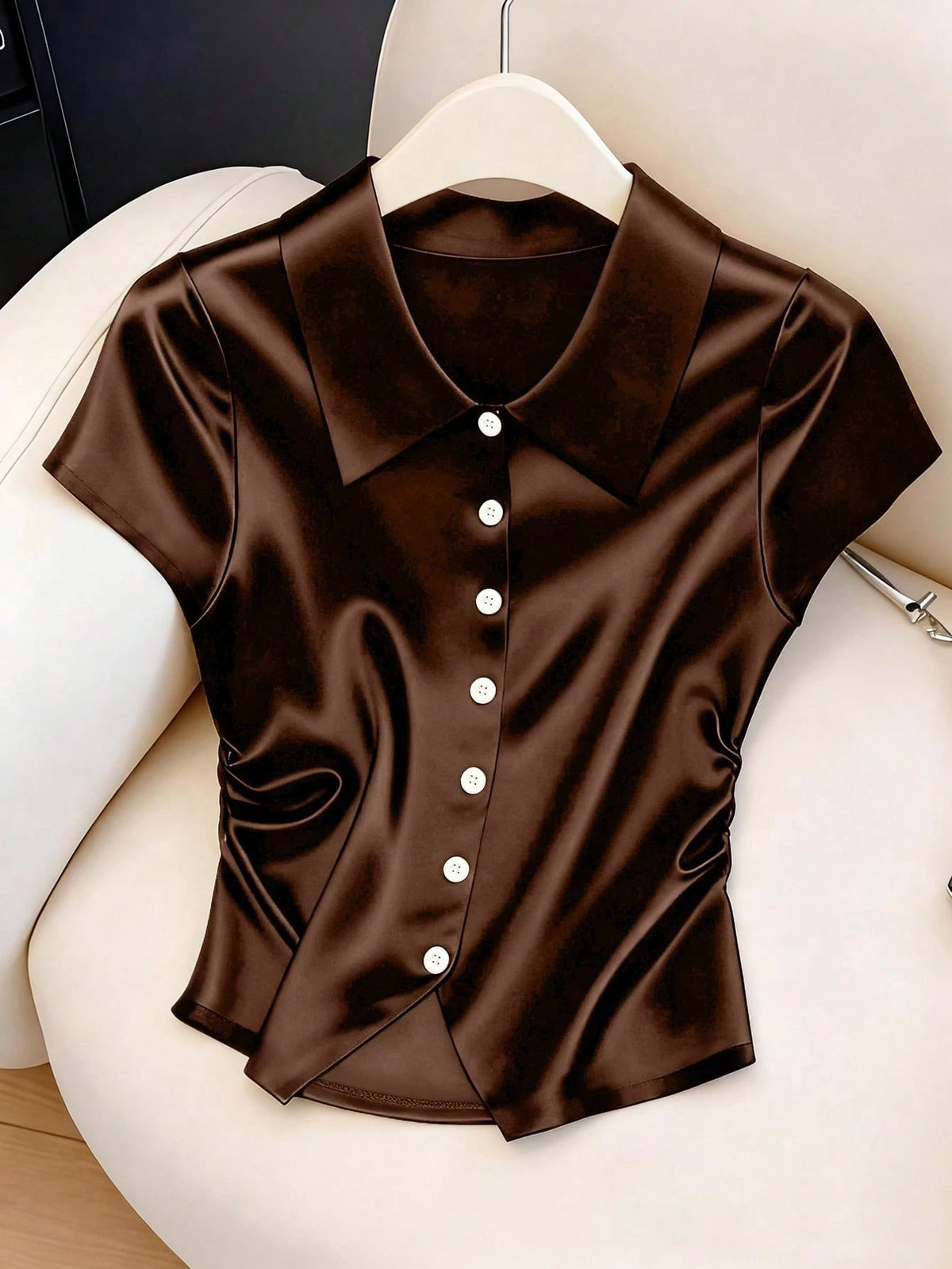 GlowEve Solid Color Front Button Satin + Waist Ruched Cinched Waist Shirt