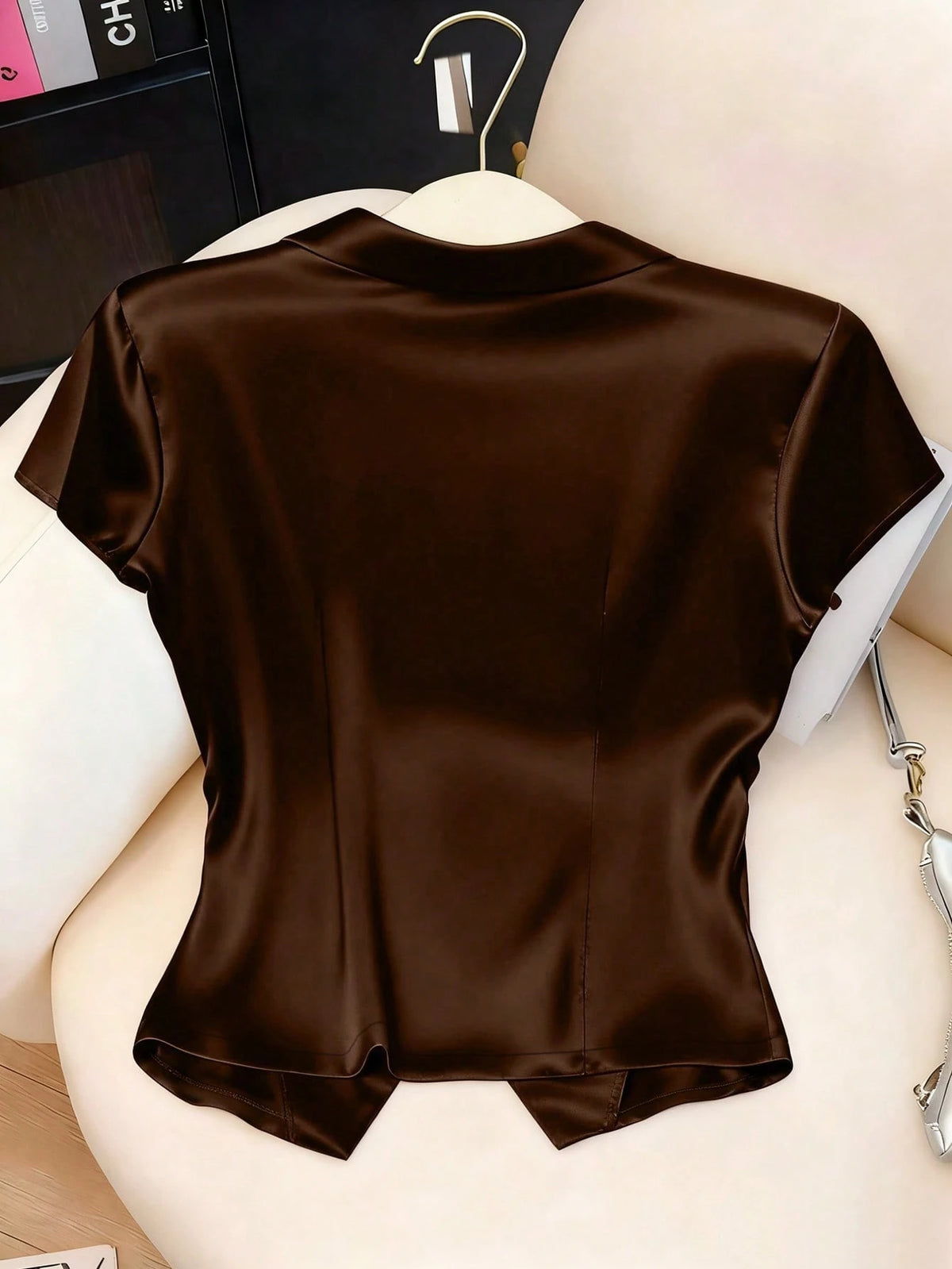 GlowEve Solid Color Front Button Satin + Waist Ruched Cinched Waist Shirt
