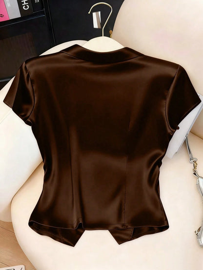 GlowEve Solid Color Front Button Satin + Waist Ruched Cinched Waist Shirt