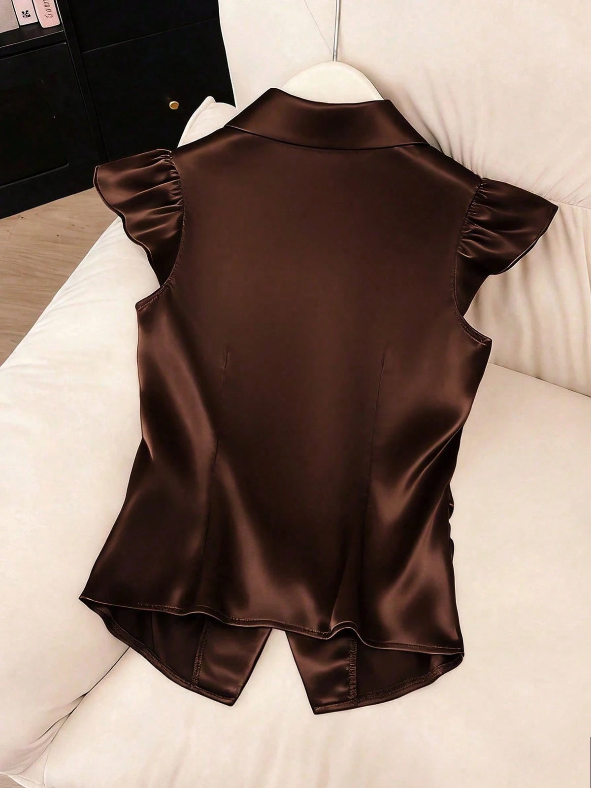 GlowEve Solid Color Front Button Satin + Waist Ruched Cinched Waist Shirt