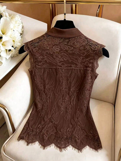 GlowEve Women's Elastic Lace Chiffon Bow Tie Sleeveless Waist Fitted Elegant Camisole Top, Suitable For Commuting In Summer