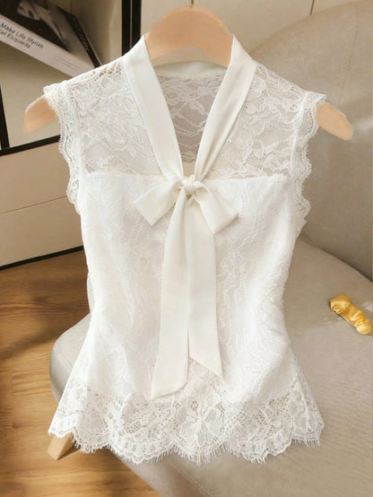 GlowEve Women's Elastic Lace Chiffon Bow Tie Sleeveless Waist Fitted Elegant Camisole Top, Suitable For Commuting In Summer