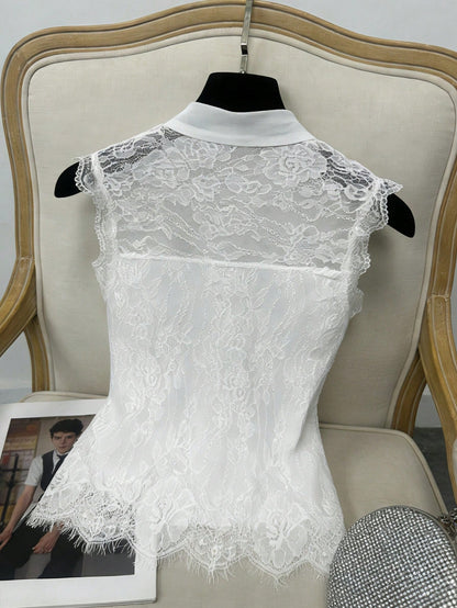 GlowEve Women's Elastic Lace Chiffon Bow Tie Sleeveless Waist Fitted Elegant Camisole Top, Suitable For Commuting In Summer