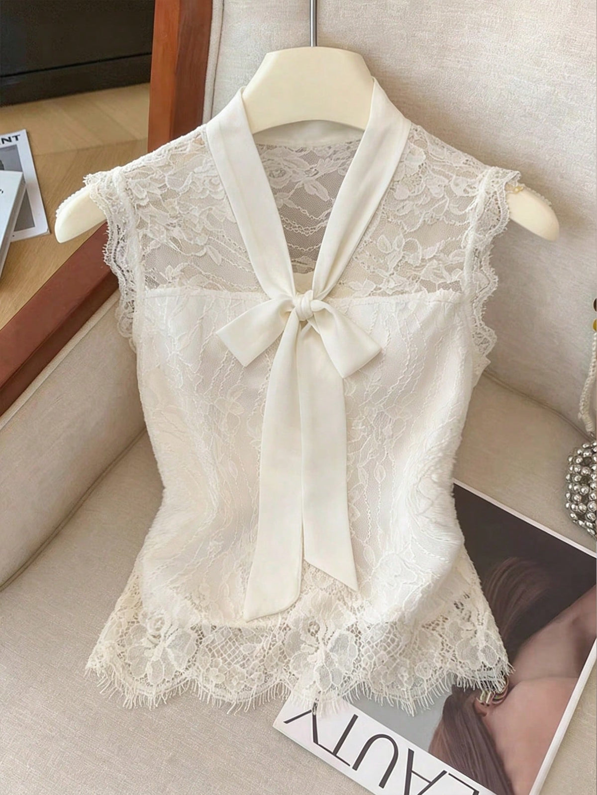 GlowEve Women's Elastic Lace Chiffon Bow Tie Sleeveless Waist Fitted Elegant Camisole Top, Suitable For Commuting In Summer
