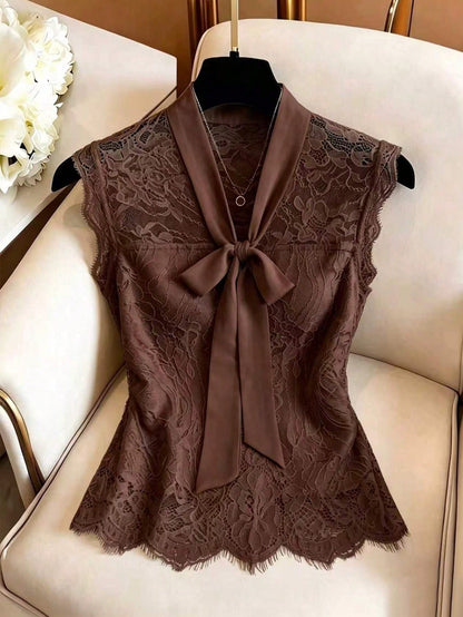 GlowEve Women's Elastic Lace Chiffon Bow Tie Sleeveless Waist Fitted Elegant Camisole Top, Suitable For Commuting In Summer