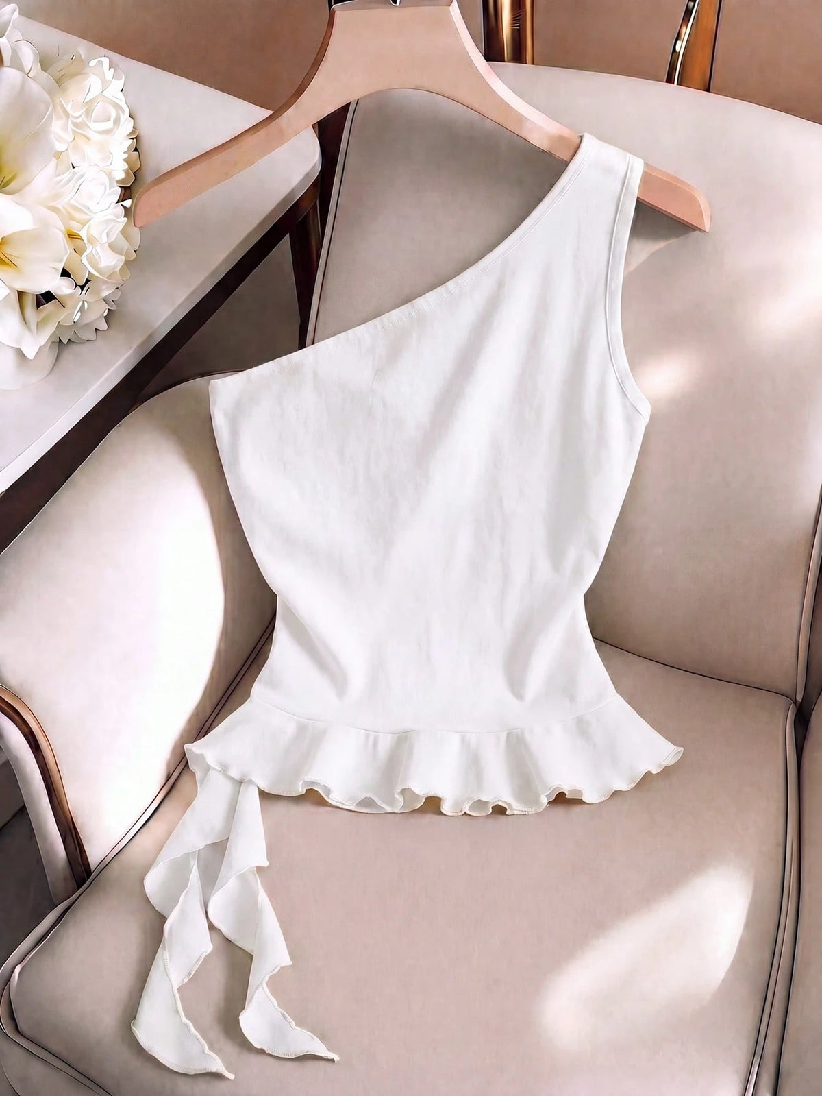 GlowEve Women's Elegant Solid Color Ruffle Hem Sleeveless Top, Summer